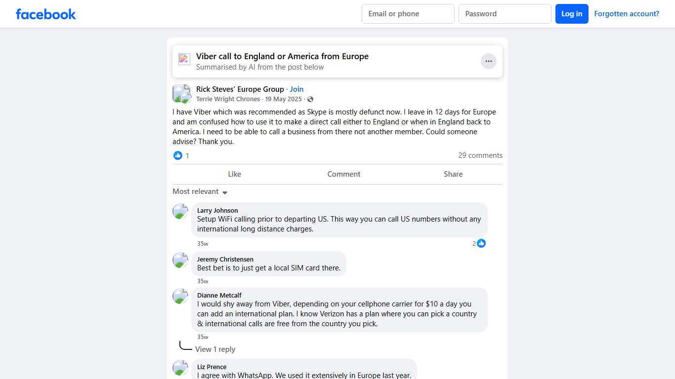 Rick Steves’ Europe Group | I have Viber which was recommended as Skype is mostly defunct now | Facebook